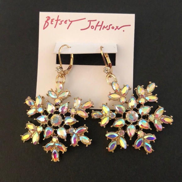 Betsey Johnson Gold Tone Snowflake Drop Earrings Iridescent Crystal Accents NWT - Picture 6 of 13